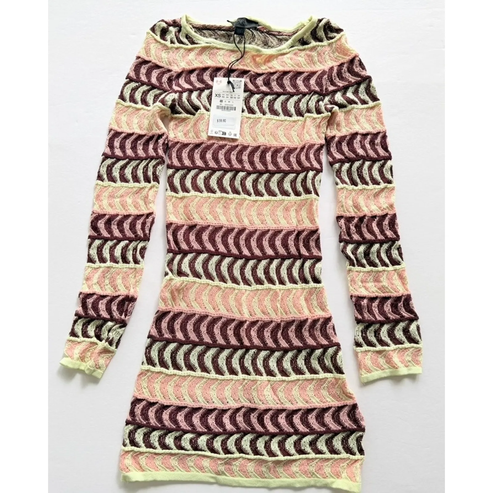 Zara Knit Crochet Mini Dress Stripe Yellow Orange Size Small NEW Summer Beach - Image 2