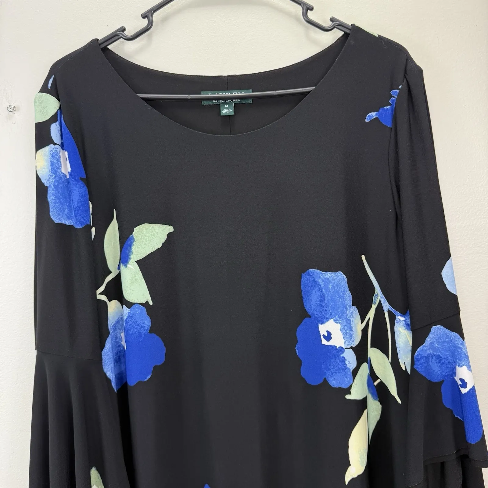 Ralph Lauren Blue Floral Bell Sleeve Stretch Jersey‎ Shift Dress Size 14 - Image 9