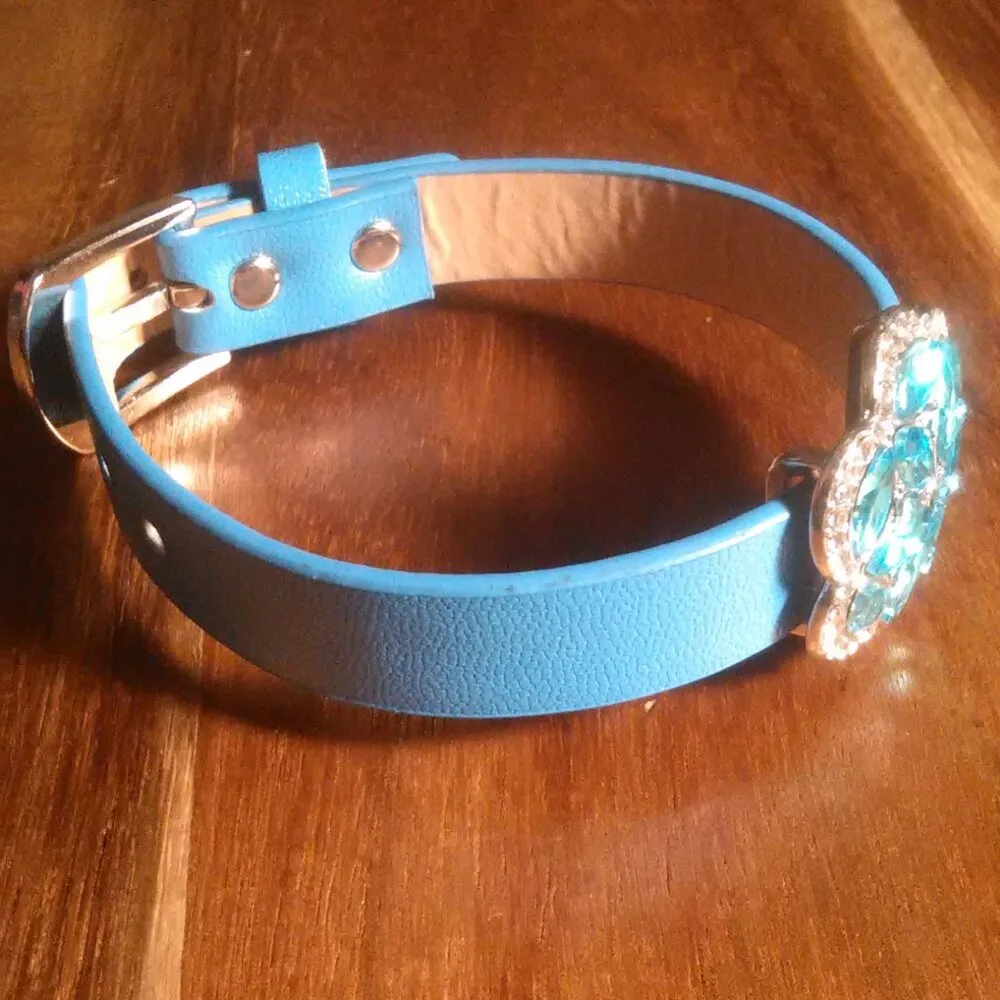 Sky Blue Crystal and White Austrian Crystal Faux Leather Bracelet - Image 3