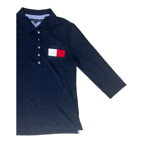 Tommy Hilfiger Blue Flag Logo Polo Shirt Size L Women 3/4-Sleeve Cotton Button - Image 4