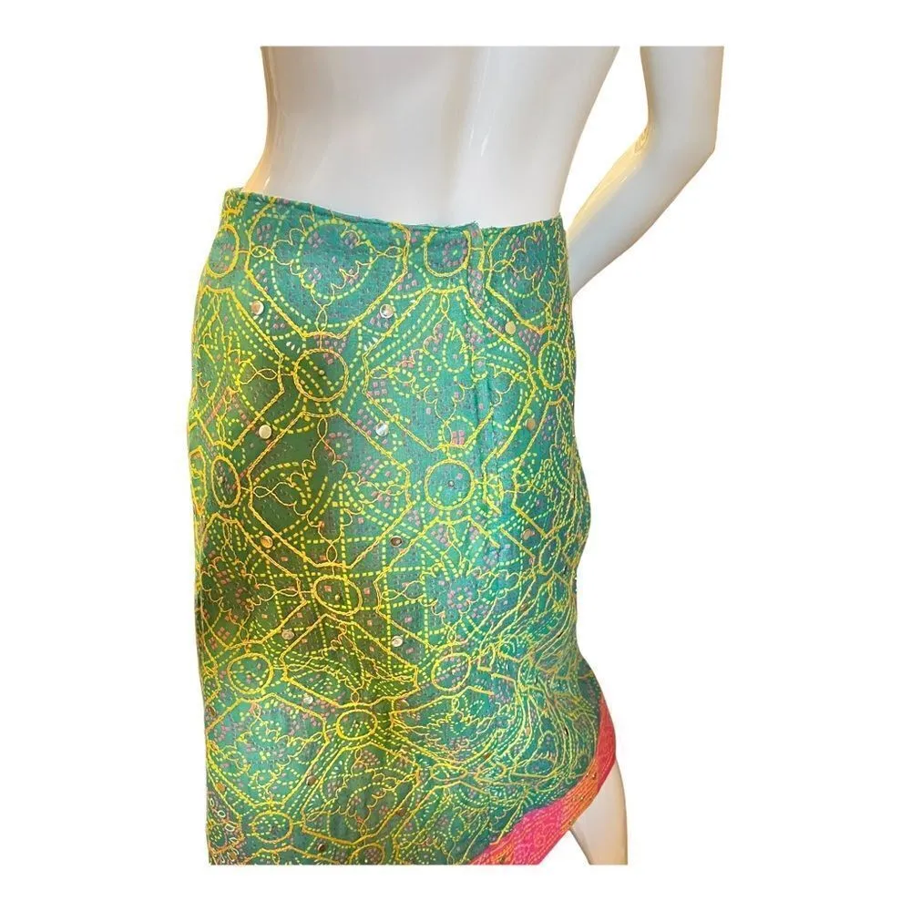 Vintage 1970s Bohemian Hippie Granny Core Quilted Embroidered Midi Skirt Green Size M - Image 12