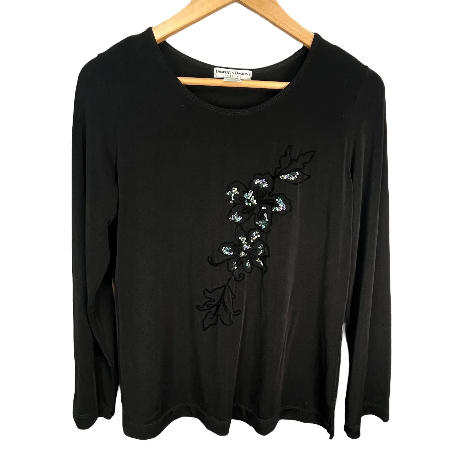 Draper's & Damon's Petites Black Sequin Floral Goth Fairy Top PS Petite‎ Small - Image 2