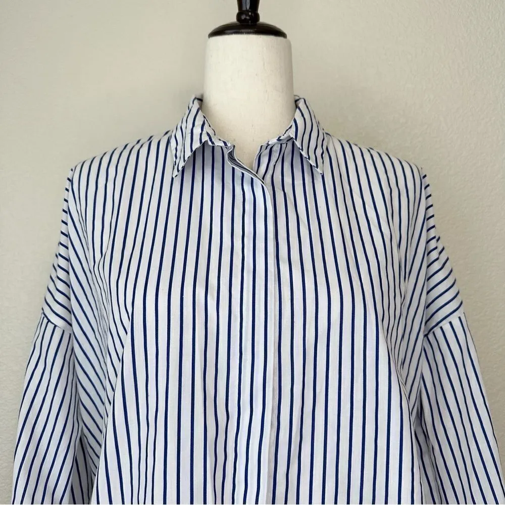 Zara Basic Collection Blue White Striped High-Low Button Down Shirt - Image 2