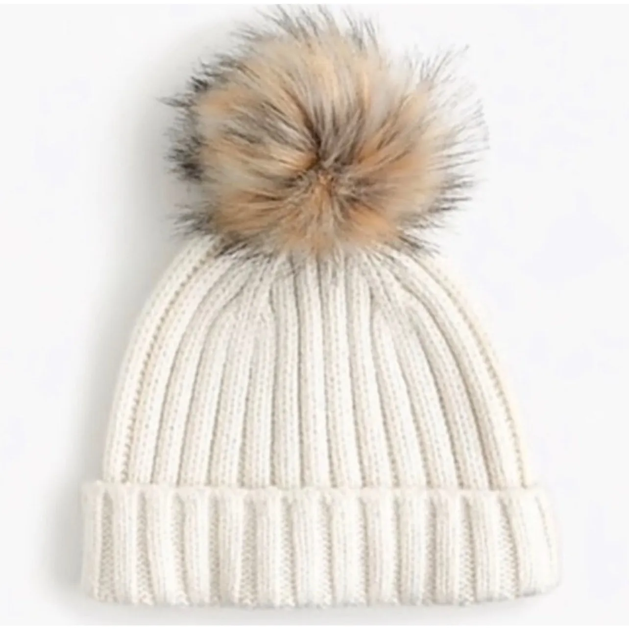 NWT J CREW Women’s Cream Cashmere Cableknit Beanie with Faux Fur Trim - Image 2