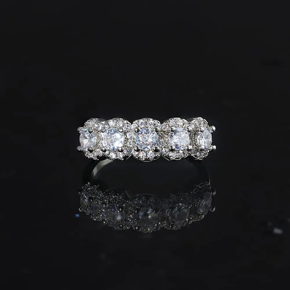 5 Stone Halo Simulated Diamond Ring | Platinum Plated Sterling Silver‎ - Image 14
