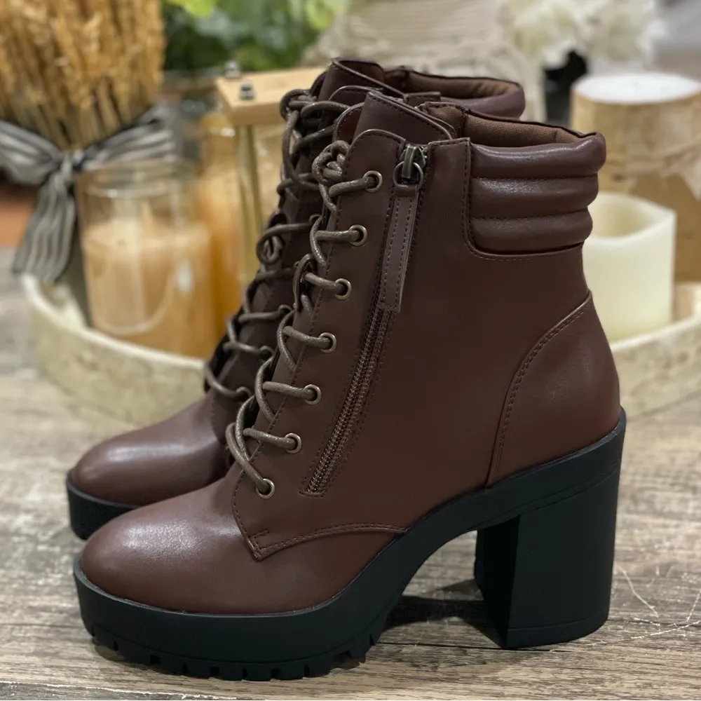 REDTOP Women's Ankle Booties Round Toe Zipper Lace Up Chunky High Heel Size 6.5 - Image 6