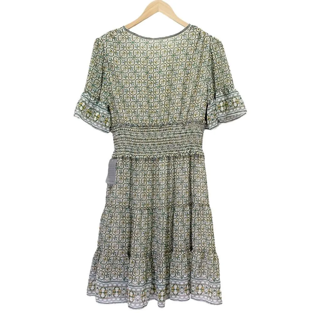 NWT Max Studio Tiered A-Line Flutter Sleeve Dress Cream Green Floral Size Medium - Image 4
