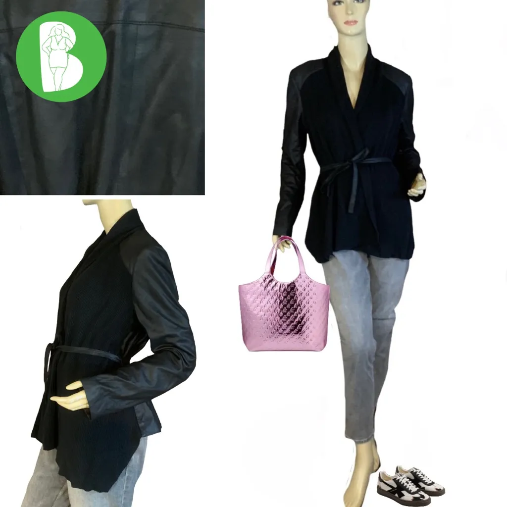 WHITE HOUSE BLACK MARKET BLACK KNIT & LEATHER OPEN FRONT CARDIGAN SWEATER (M) - Image 2