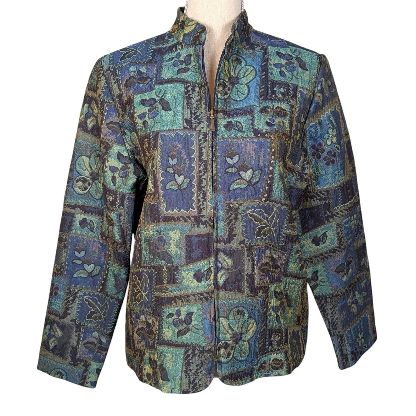 Vintage 90s Coldwater Creek Floral Tapestry Jacket Blue Green Zip Up - Image 2