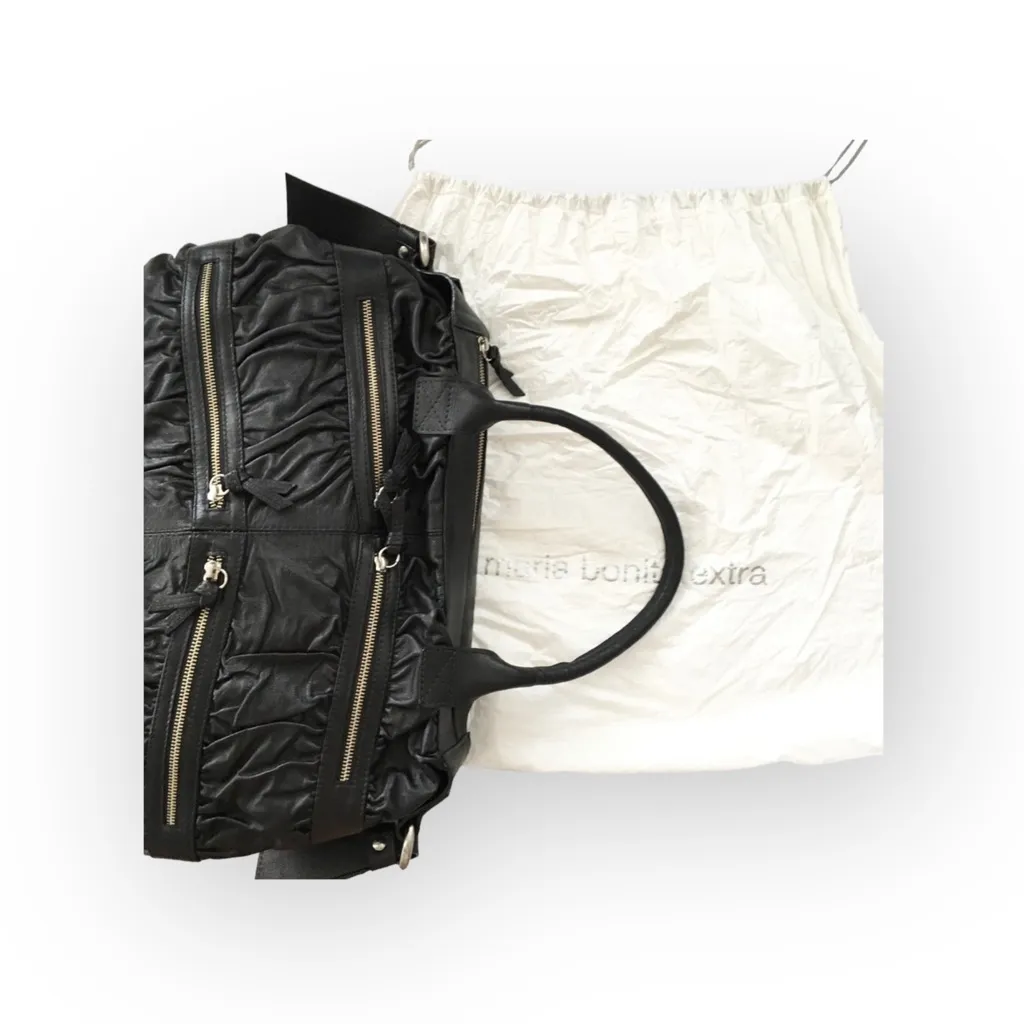 new Maria Bonita Extra ༄ Zip Pockets Leather Travel Bag ༄ Black Metallic Sheen - Image 11