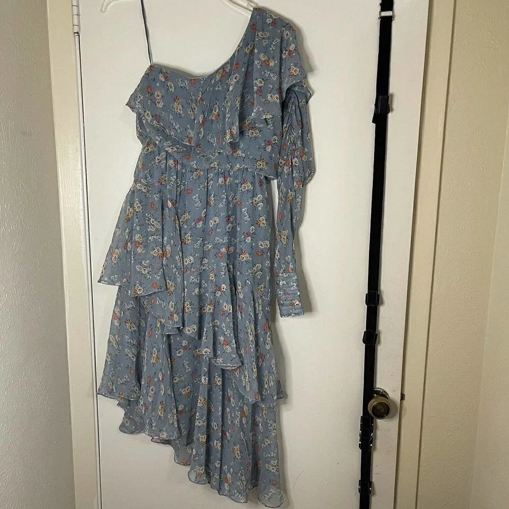 Anthropologie Valencia and vine one shoulder floral tiered blue flowy dress XS - Image 9