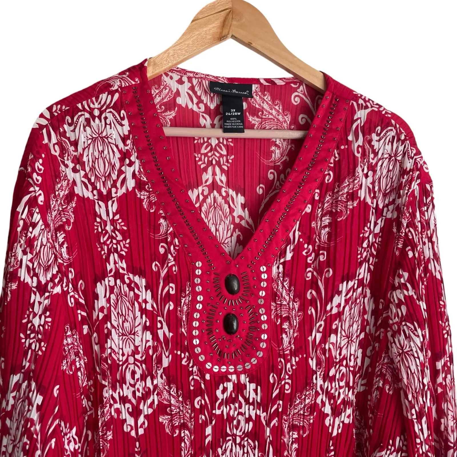 Maggie Barnes Women Top 3X Red Damask Print Crinkle Beaded Dressy Mature Office‎ - Image 5