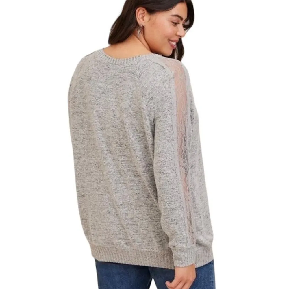 TORRID Super Soft Gray V-Neck Lightweight Sweater Lace Sleeves ~ Women's Plus 2X - Image 2