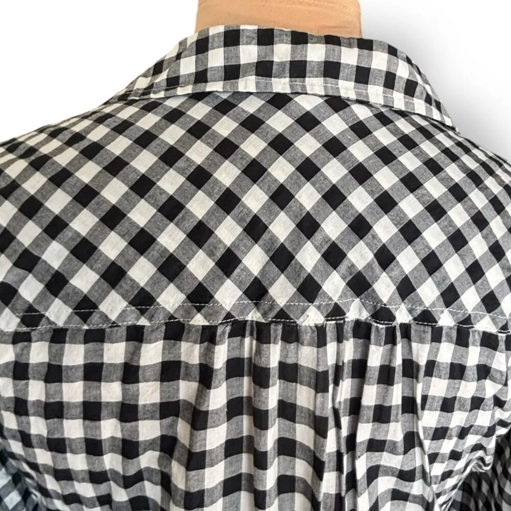 J Crew Gingham Plaid Tie Front Cropped Button Down Shirt Medium Black White - Image 6