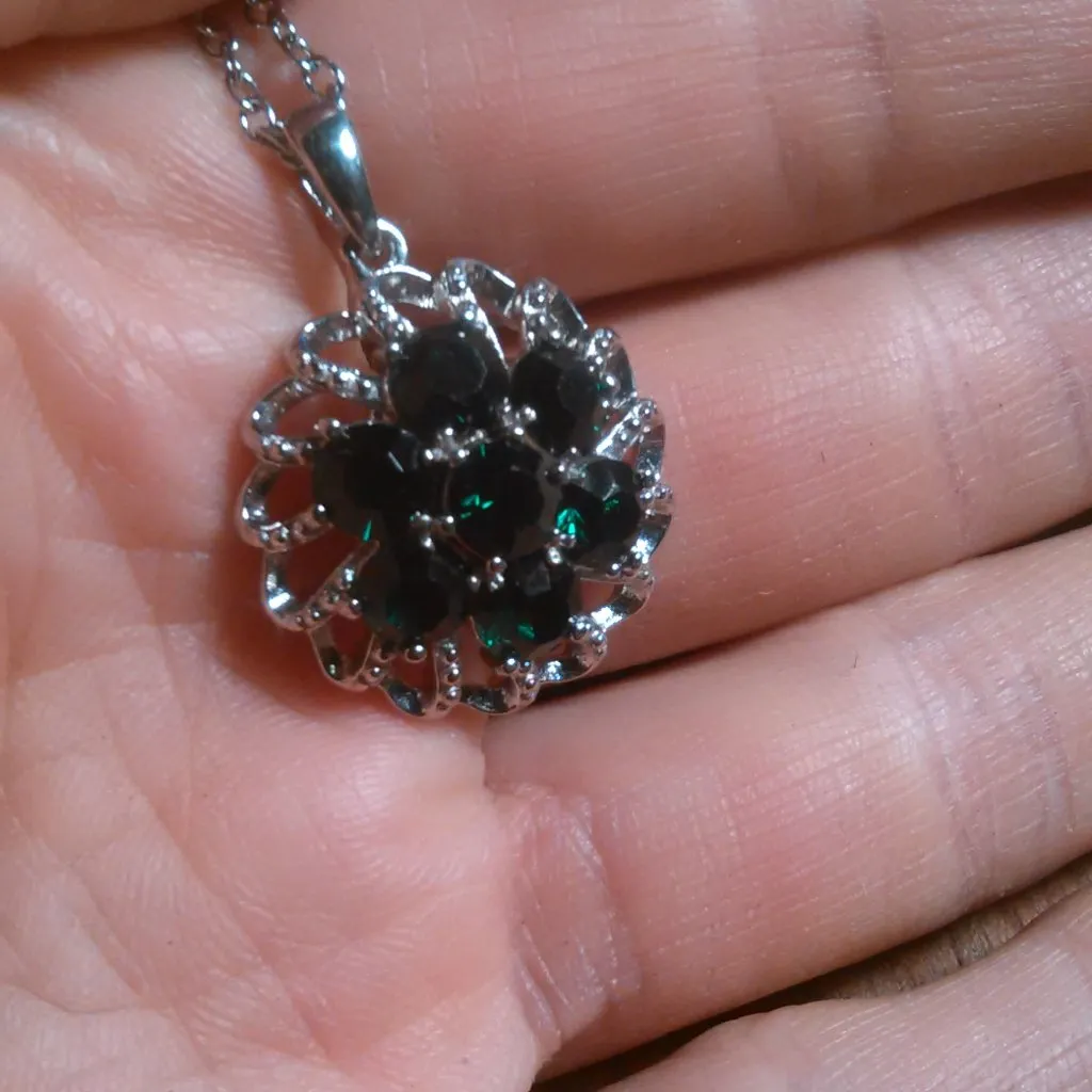 Green Crystal Floral Platinum over Brass Pendant Stainless Steel Necklace - Image 14