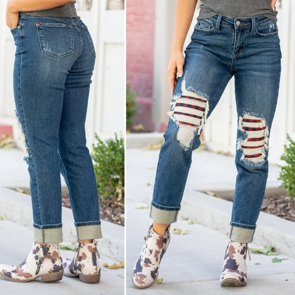 Judy Blue Buffalo Plaid Patch Midrise Cuffed Boyfriend Jeans Dark Wash Size 29 - Image 8