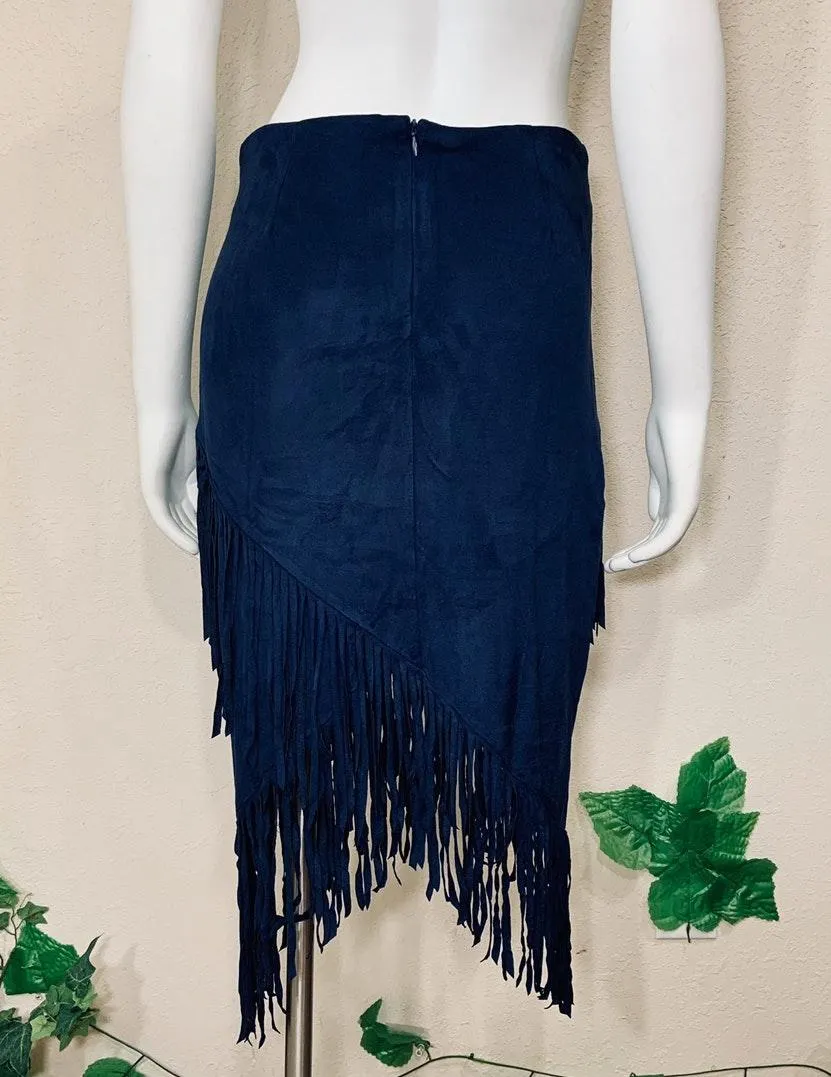 En Creme Suede Blue Navy Fringe Bohemian Skirt - Image 9