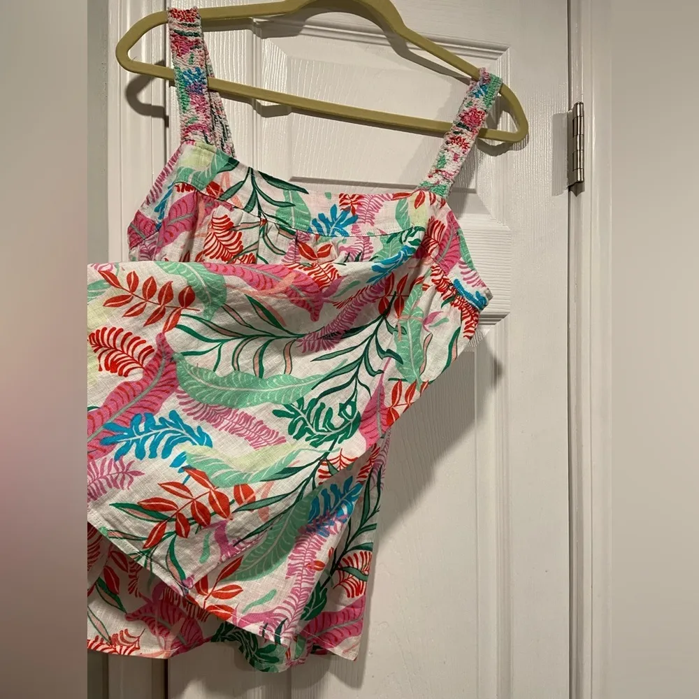 Cynthia Rowley Size L Smocked Strap 100% Linen Tropical Pearl Button Back Top - Image 4