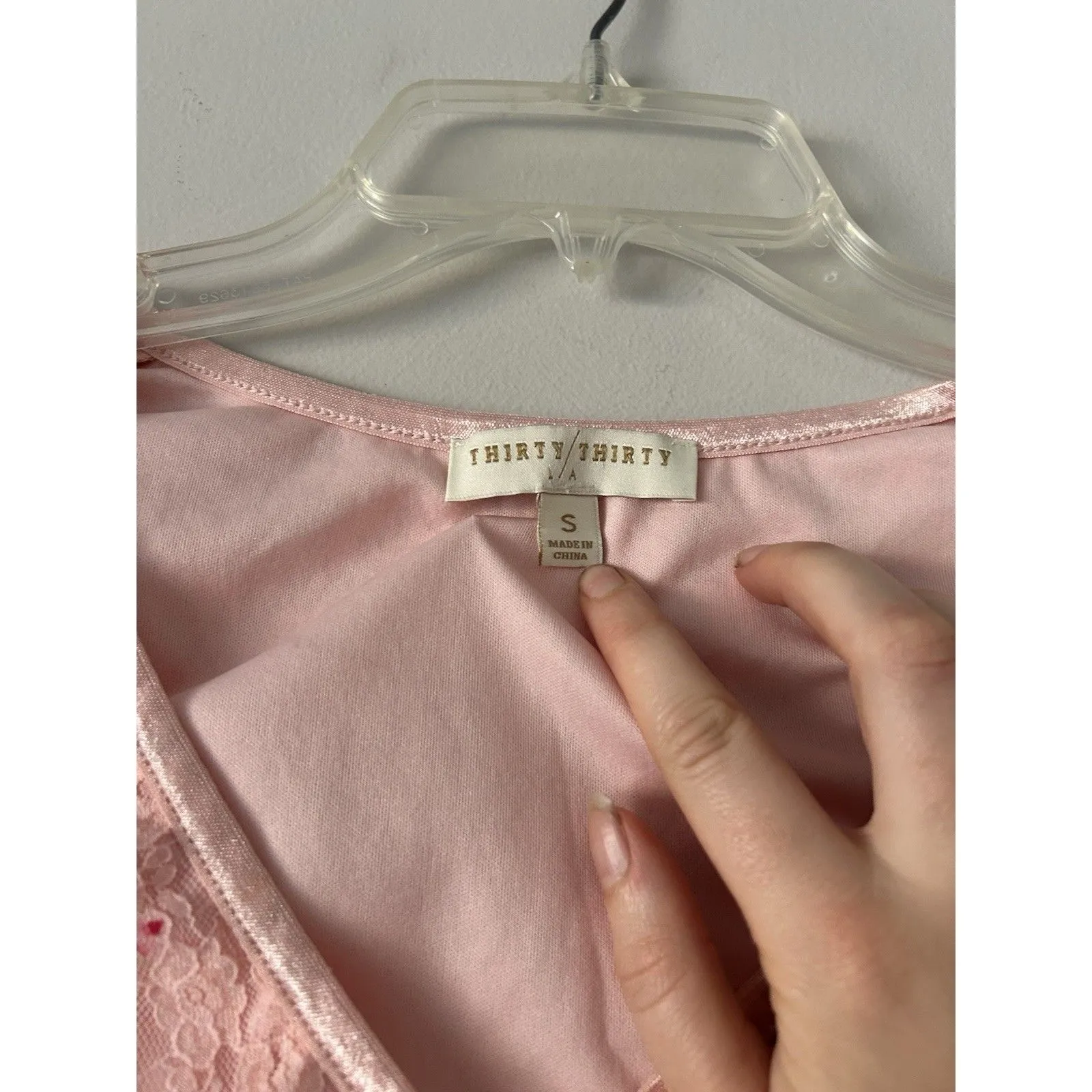 Thirty Thirty Pink Floral Rose Lace Top Mesh Sleeve Bow Detail Coquette Size S - Image 6