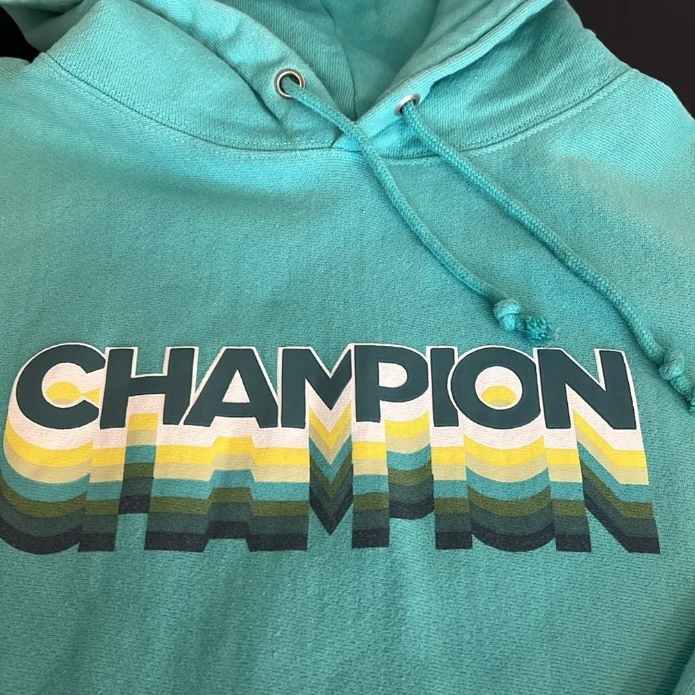 Champion Reverse Weave pullover hoodie, turquoise blue, graphic, pocket, size M - Image 4
