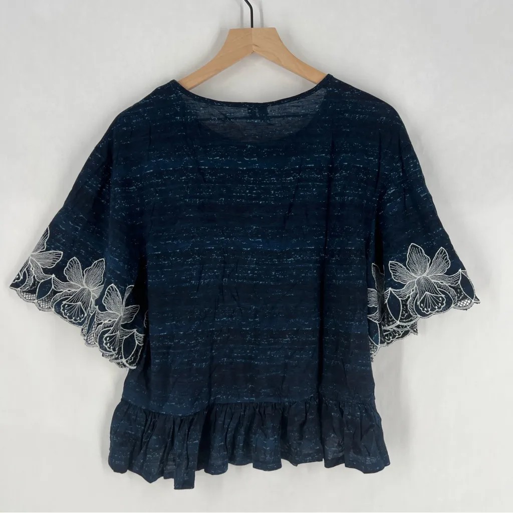 Pilcro Orchid Embroidered Flutter‎ Sleeve Midnight Blue Floral Blouse Boxy XS - Image 12