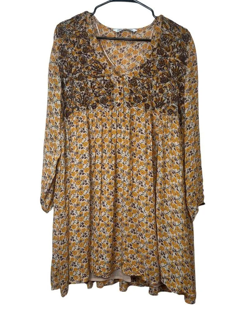 Zara The Amy Mini Dress Long Sleeve Mustard Floral Oversized Boho Festival Small - Image 3