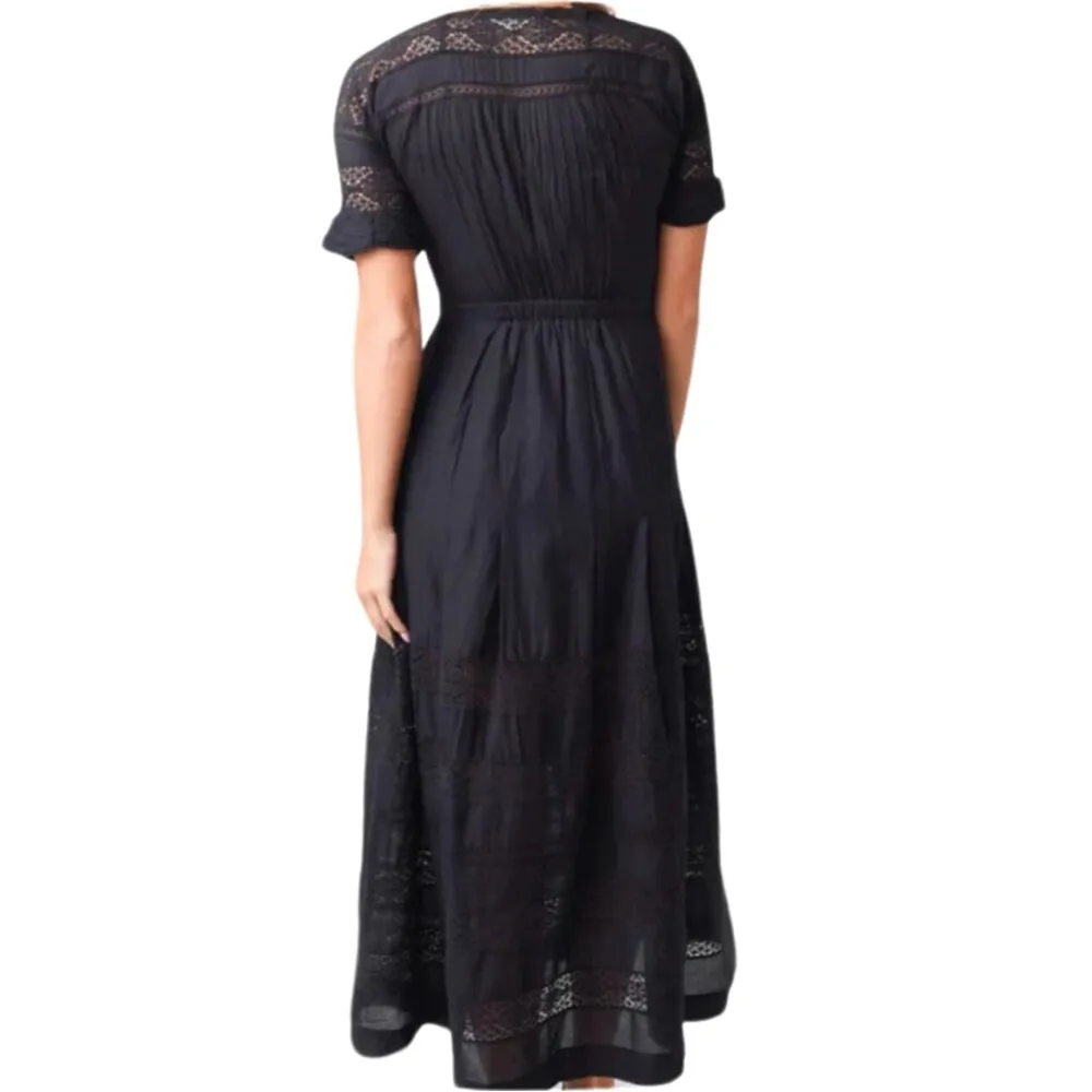 LoveShackFancy Edie Lace Short Sleeve Long Dress - Black, Size M - Image 3