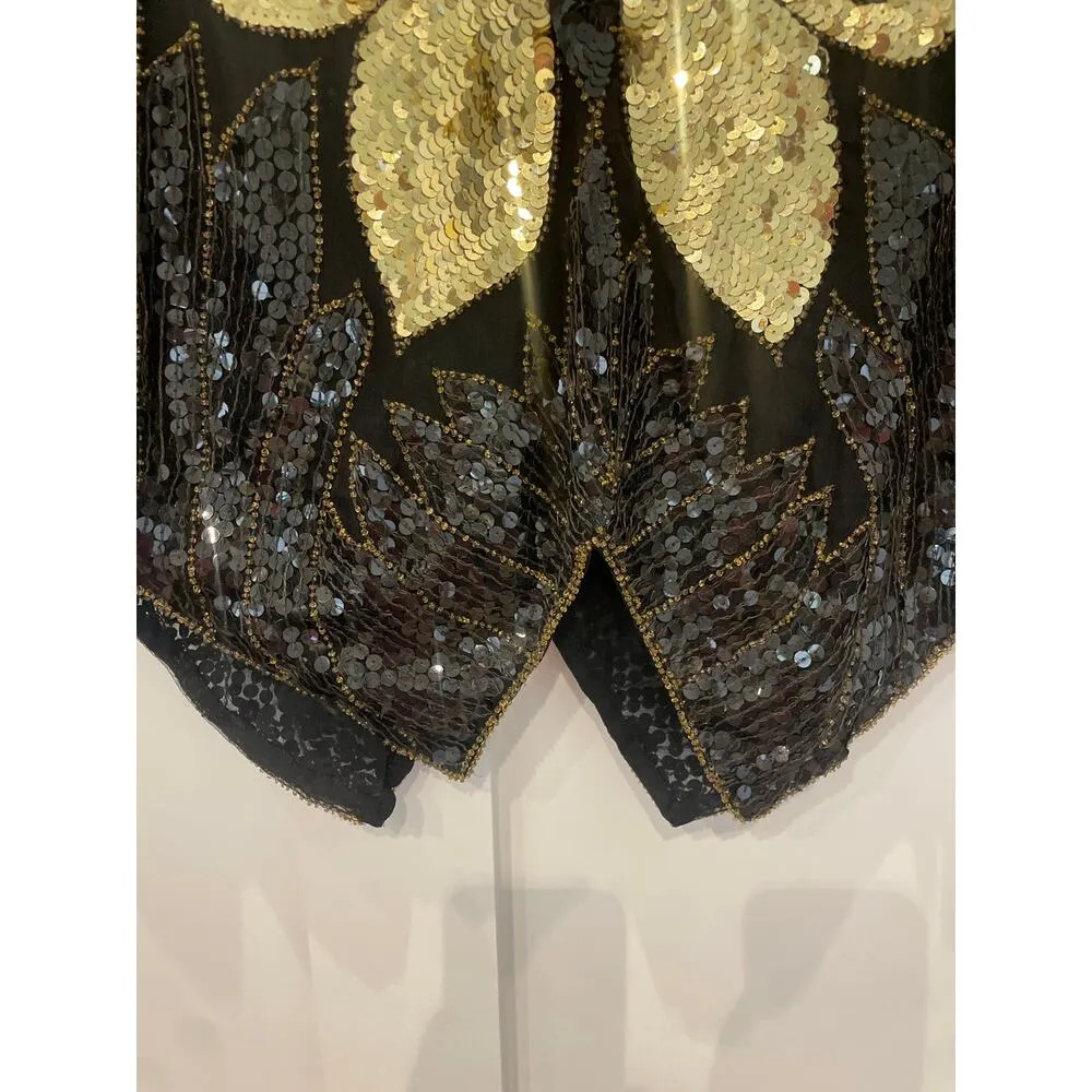 VTG Scala Madame Butterfly Black & Gold Hand Sewn Beaded 100% Silk Top - Image 4