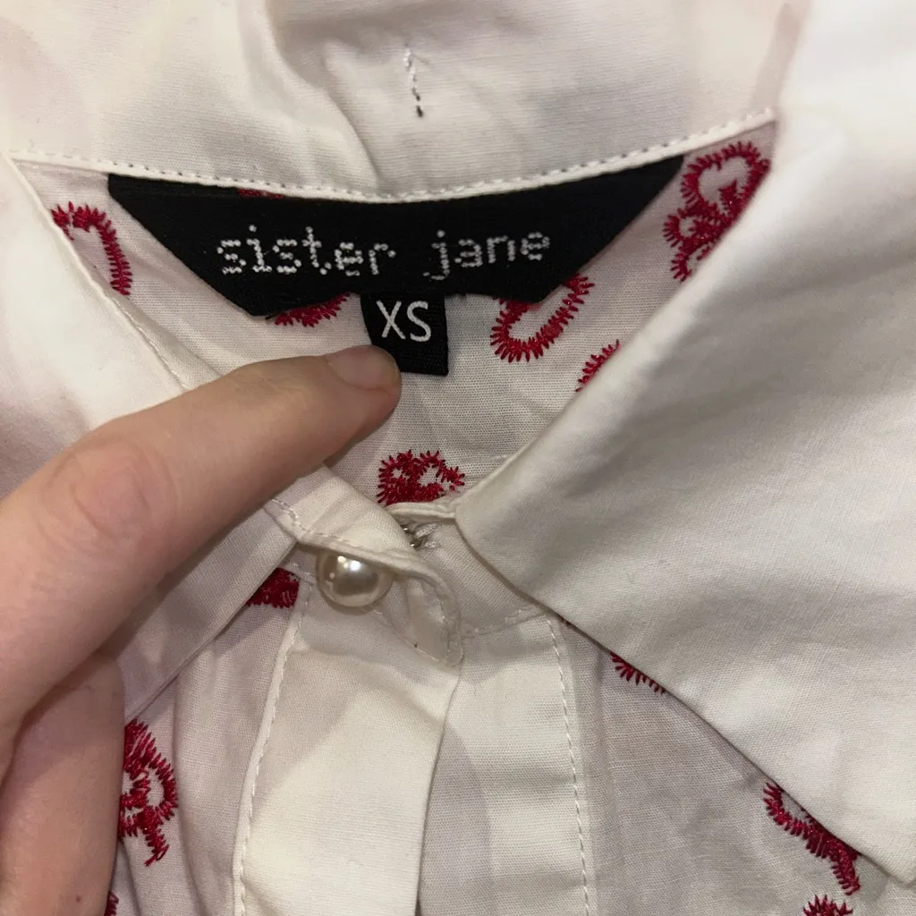 Sister Jane Doodle Bloom Floral Poplin Blouse Festive Holiday XS Red - Image 3