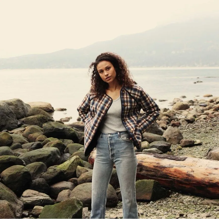 Doen Sedona Quilted Wool Silk Jacket Belleville Plaid Blue Brown Small EUC - Image 8