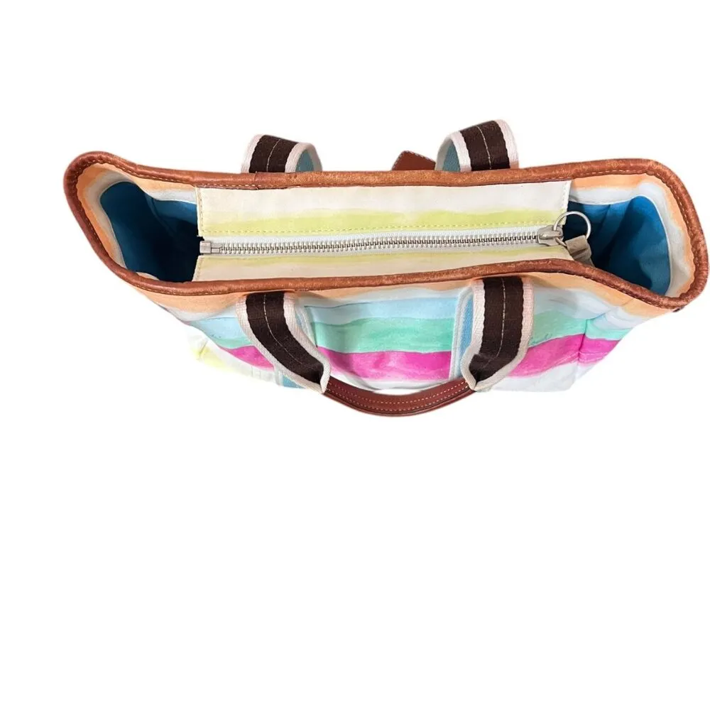 COACH Hampton Watercolor Canvas Leather Handbag Purse Pastel Stripe Colorful S/M - Image 6