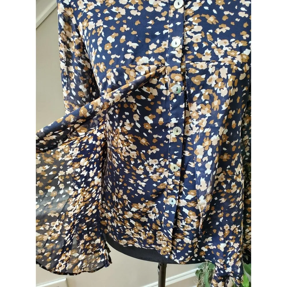 Promesa Women Blue Floral Polyester Henley Neck Long Sleeve Button Down Shirt S - Image 5