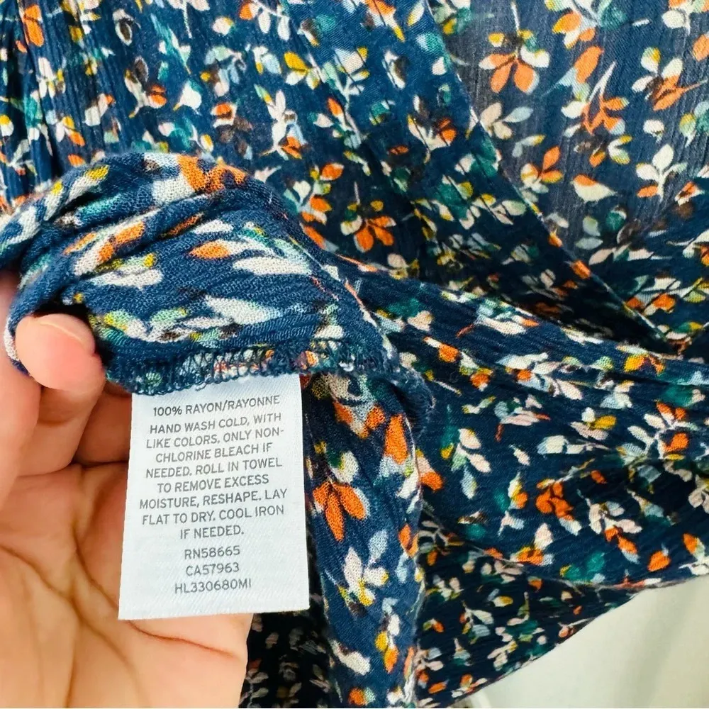 Hinge Navy Orange Leaf Printed Long Sleeve Top‎ Size Medium - Image 10