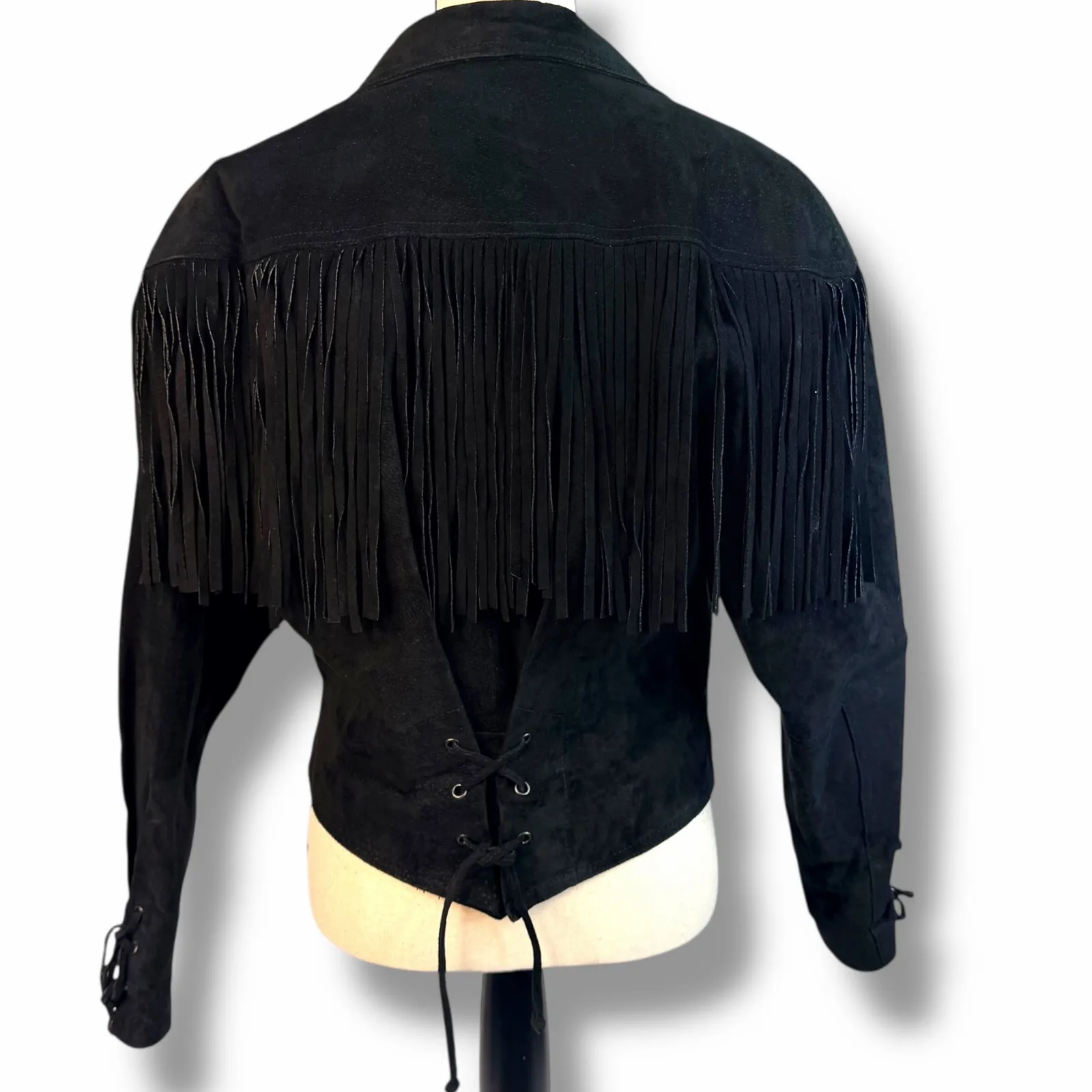 Wilsons Leather Suede Fringe Jacket Boho Western Cowgirl Cropped Black Medium - Image 11