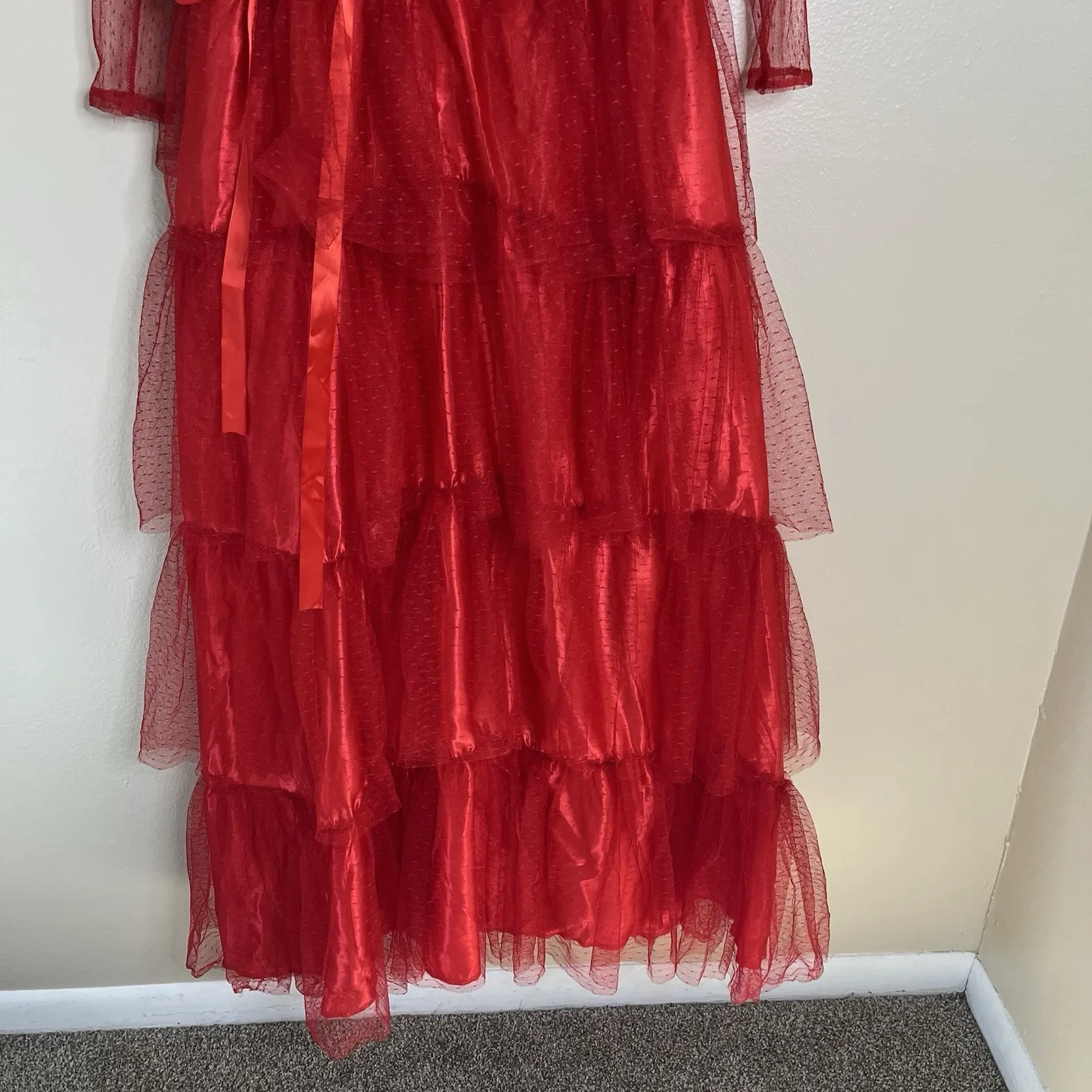 beetlejuice costume Aunt Lydia Red Wedding Dress Lace Gothic Sheer Polka Dot S - Image 3