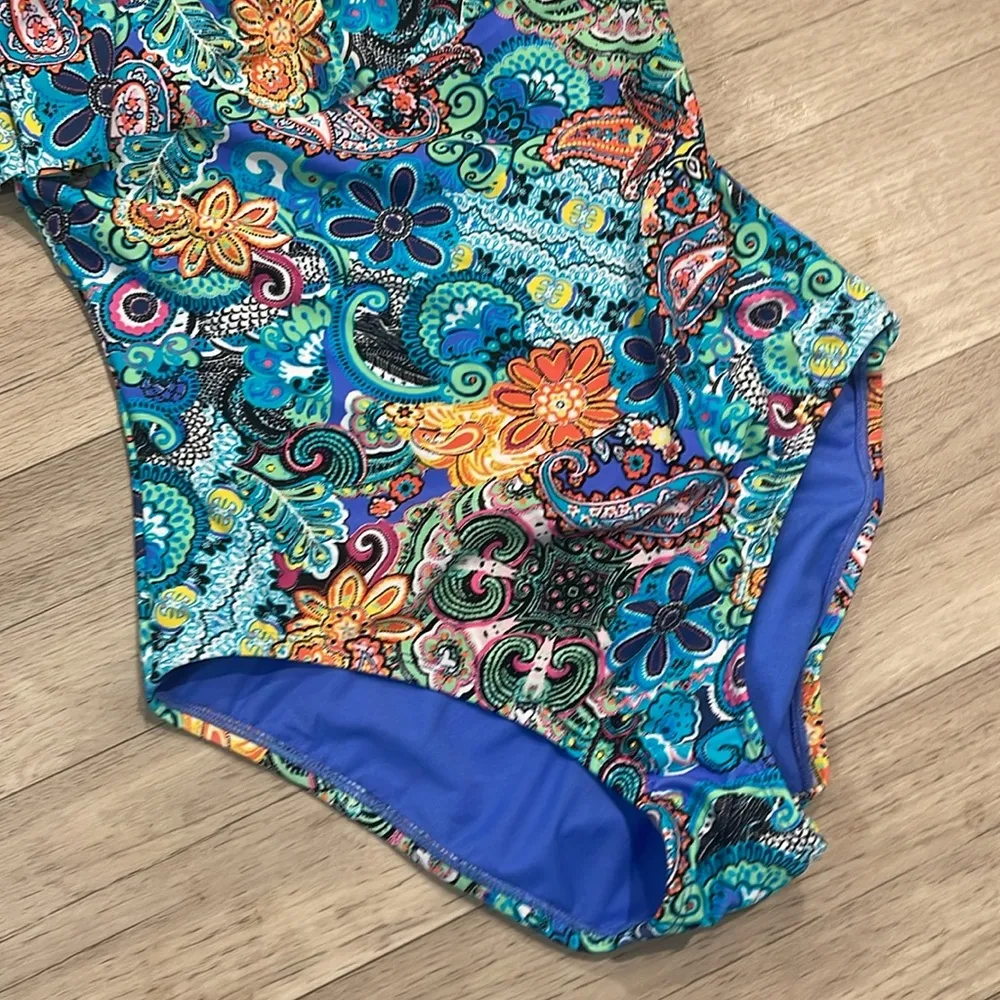 Bleu rod beattie NWT ruffle cold shoulder one piece paisley floral swim multi 6 - Image 3