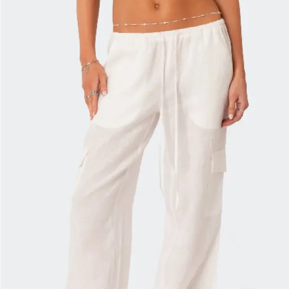 Edikted Lyric Linen Look Cargo Pants White - Image 2