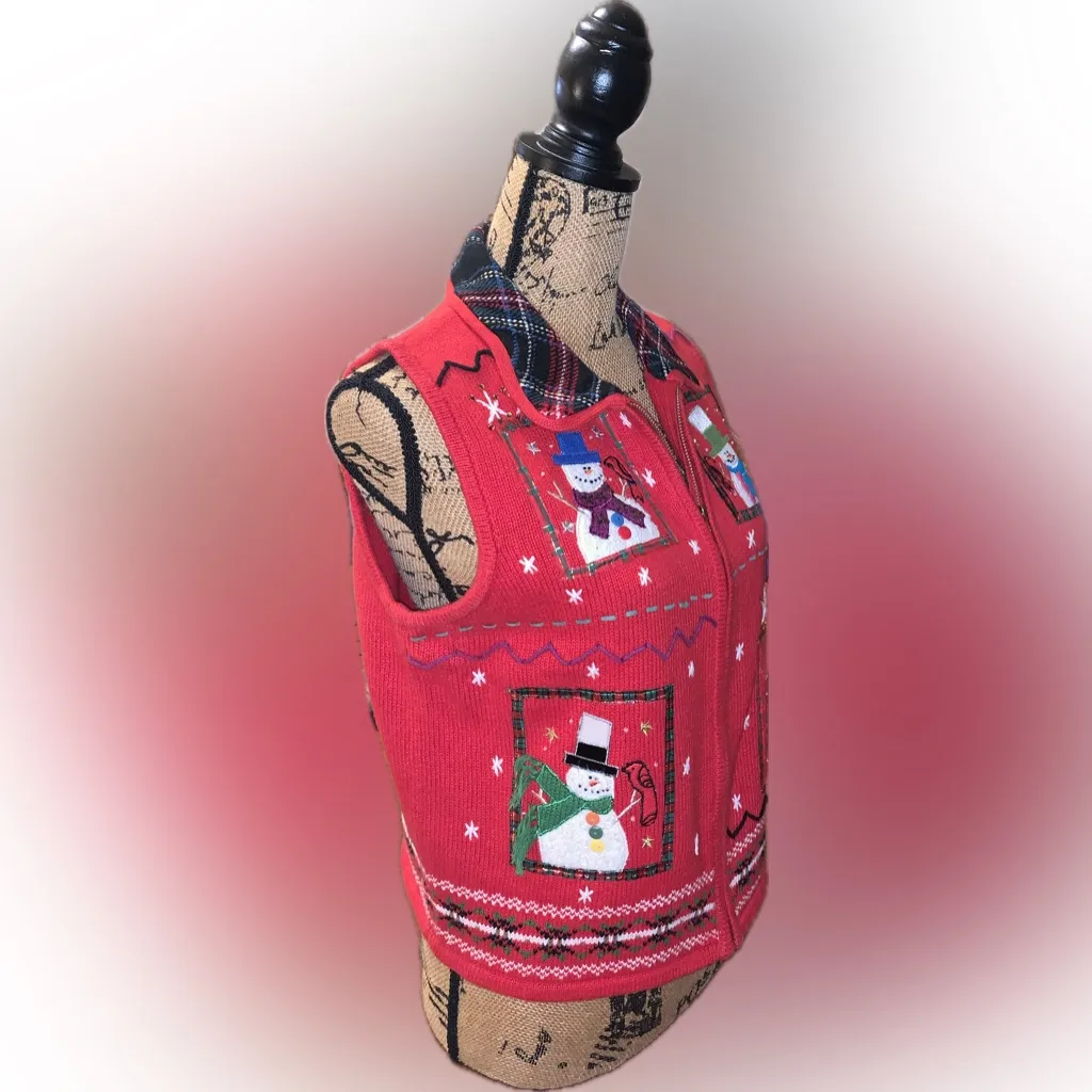 Vintage Festive Red Snowman Christmas Beaded Embroidered Knit Funky Zip Vest PL Size undefined - Image 4