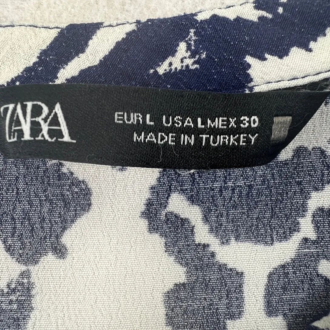 Zara Printed Tunic Mini Dress Blue White L Bohemian Peasant Long Sleeve Flowy - Image 3