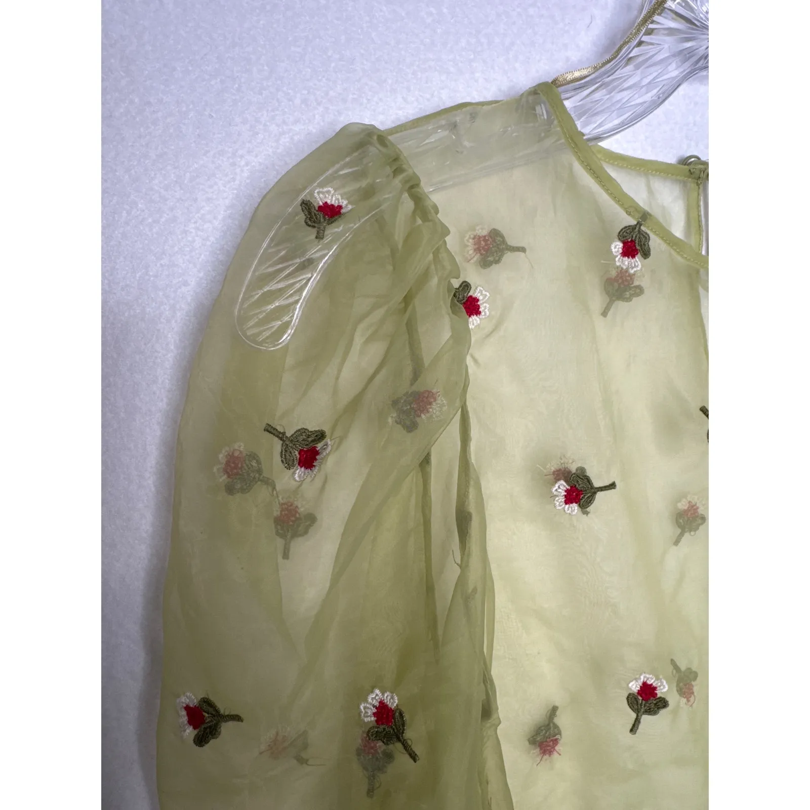 Zara sheer sexy green Embroidered Organza blouse with red roses medium - Image 7