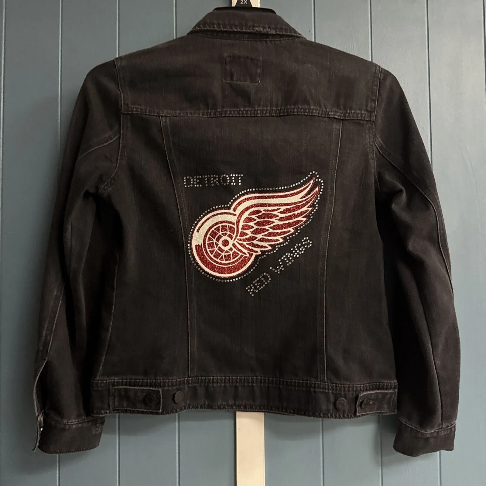 Custom Old Navy DETROiT RED WINGS Black Jean Jacket Women’s Size M Medium Denim - Image 8