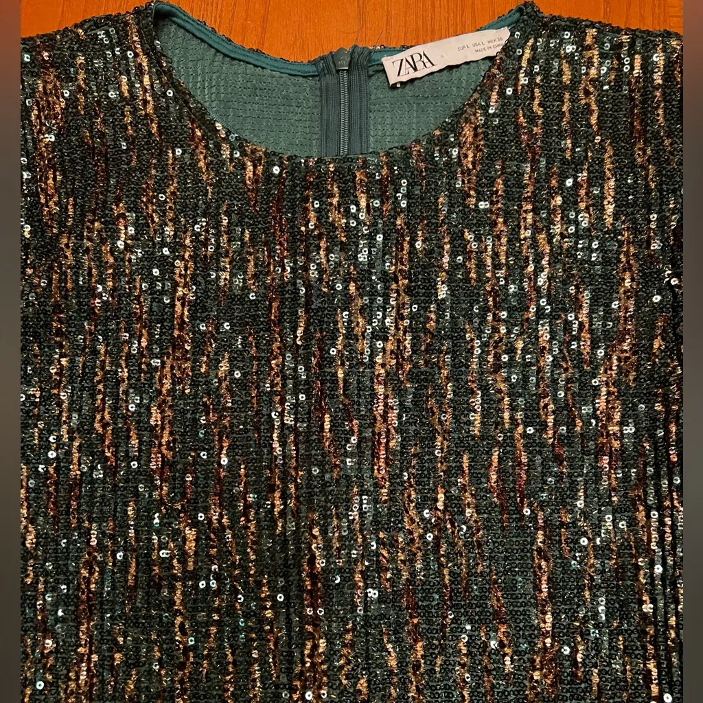 ZARA‎ Sequin Puff Long Sleeve Special Limited Edition Emerald Green & Gold Dress - Image 14