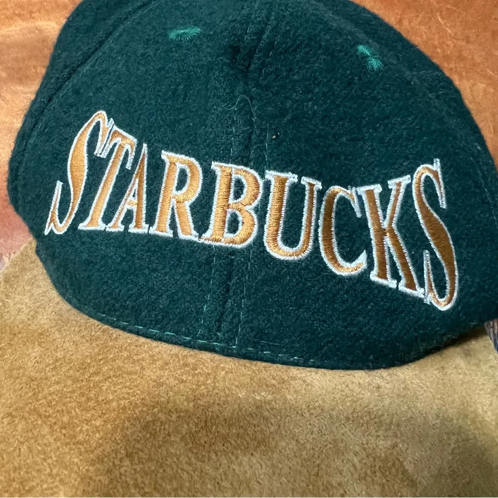 Vintage Starbucks spell out suede and wool Forest Green tan hat Star pacific - Image 2