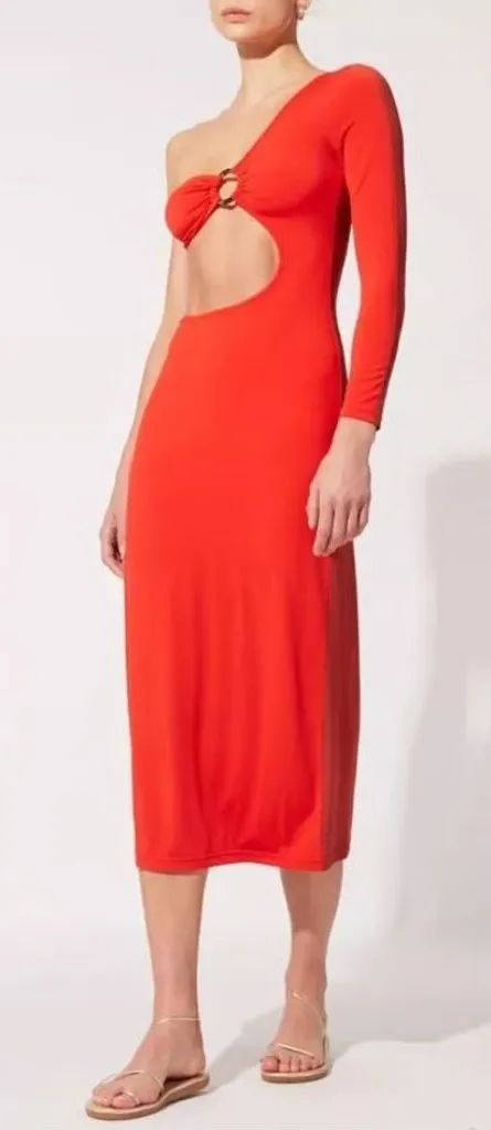 Solid & Striped The Ruby Dress One Arm Cut Out Midi Length Bodycon Red Size XS - Image 1