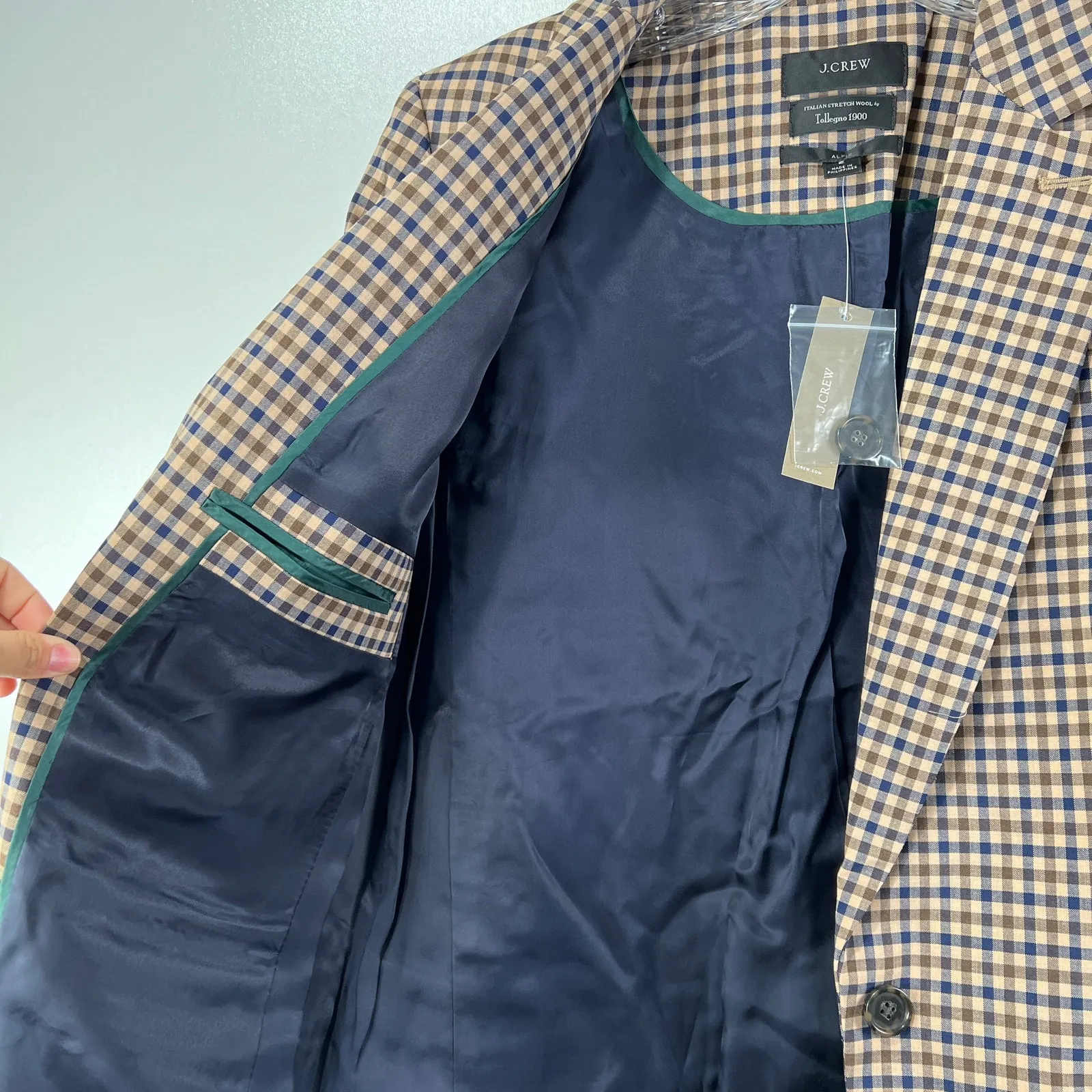 J. Crew Alfie Check Blazer BA482 Tollegno 1900 Italian Stretch Wool Navy & Tan - Image 4