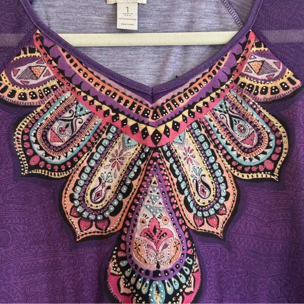 Chico's Purple Tunic Top Embroidered & Rhinestone Accents 3/4 Bell Sleeve Size 1 - Image 9