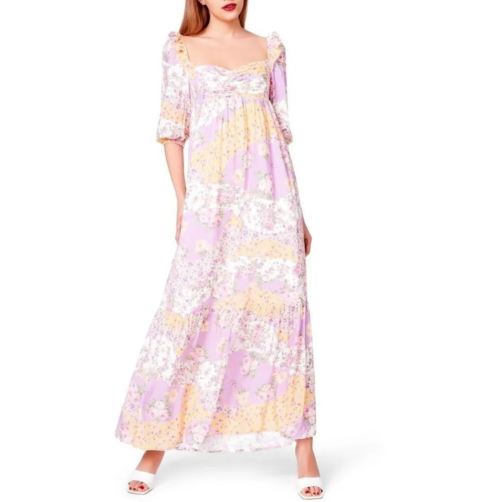 ✨Betsey Johnson Spring Maxi Sz Small Dress Smocked Lavender Floral Patchwork✨ - Image 2