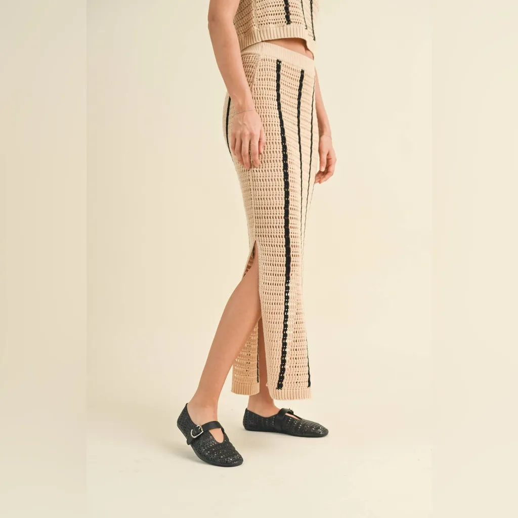 MIOU MUSE ANA STRIPED PATTERN CROCHET KNITTED LONG SKIRT Tan - Image 5
