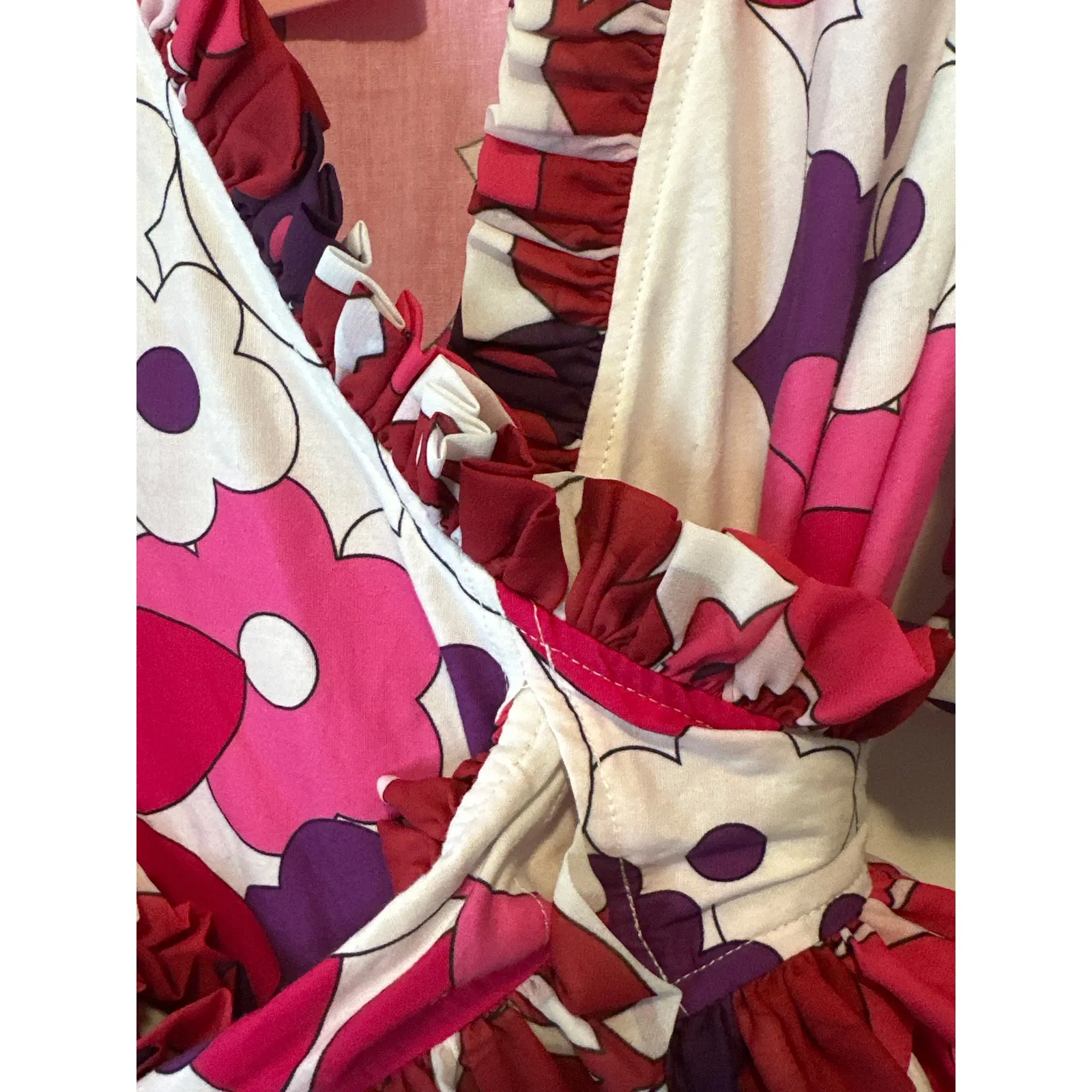 Celia B Obsidiana Pink Red Floral Ruffle Puff Sleeve Mini Dress XS NWT White - Image 8