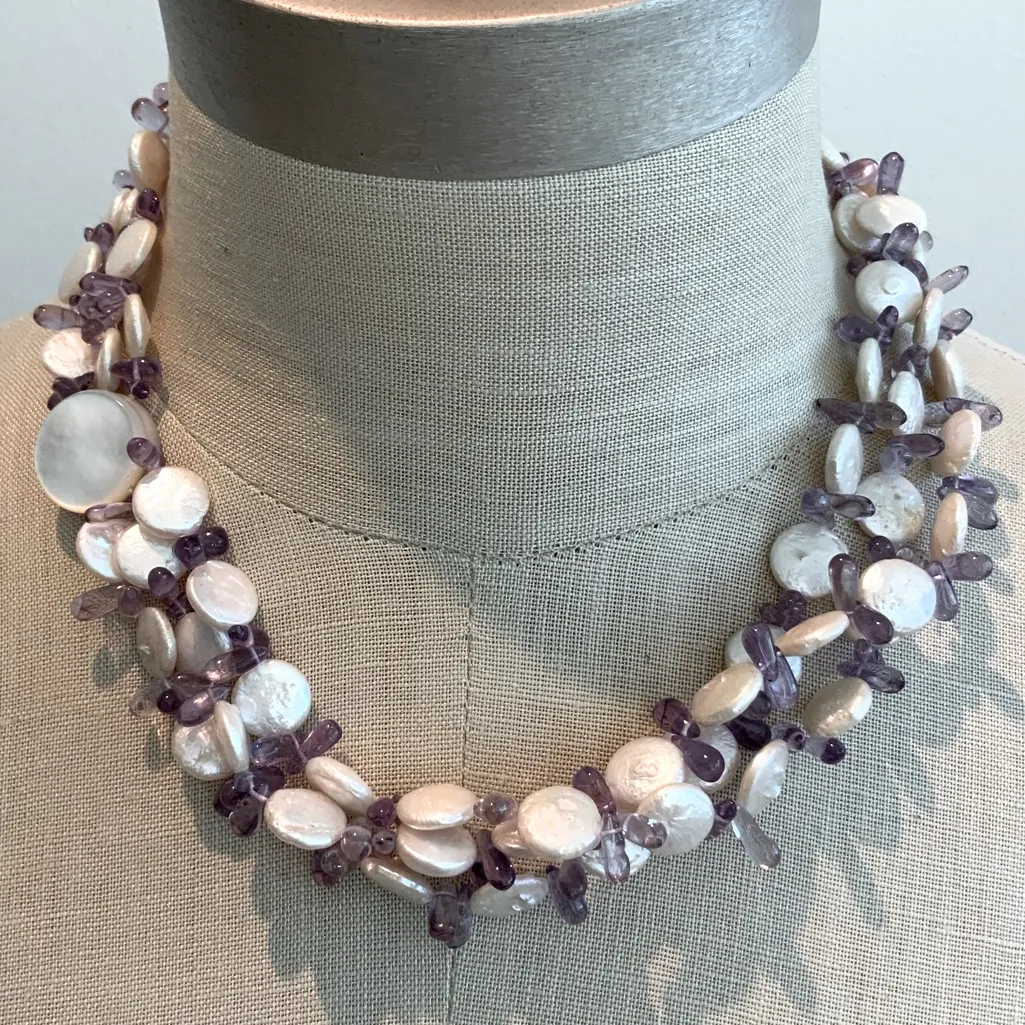 Cool Coin Pearl & Amethyst Drop 3 Strand Necklace Purple - Image 2